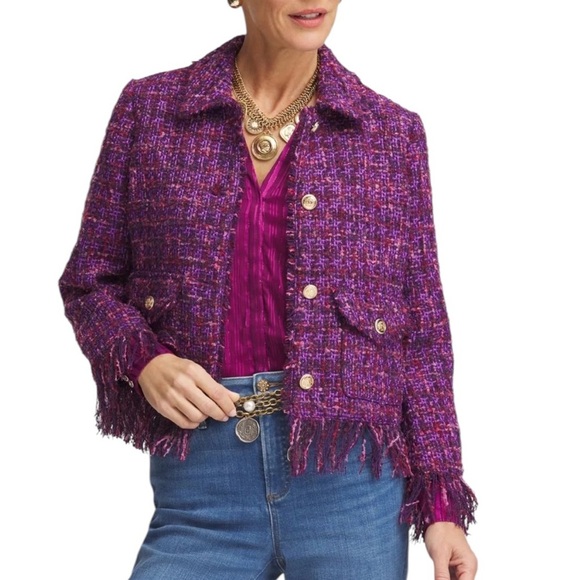 NWT Chicos 1 Medium Purple Fringe Blazer jacket Metallic Tweed Office Corpcore - Picture 1 of 13